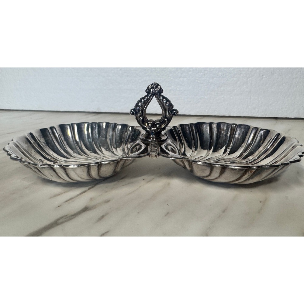 Vintage Silver Plated Double Shell Candy Dish with Handle Scalloped Nut Tray